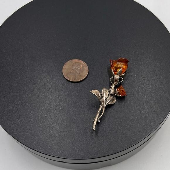 Baltic Cognac Amber Double Rose Brooch 925 Sterling Silver Hand Carved Signed - Picture 2 of 12